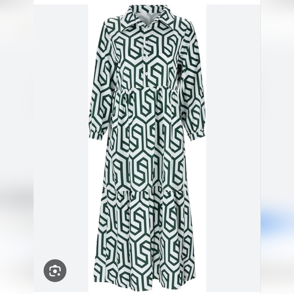 Dresses & Skirts - Green White Ecru Geometric Print Shirt Tunic Karen Maxi Dress 3XL
